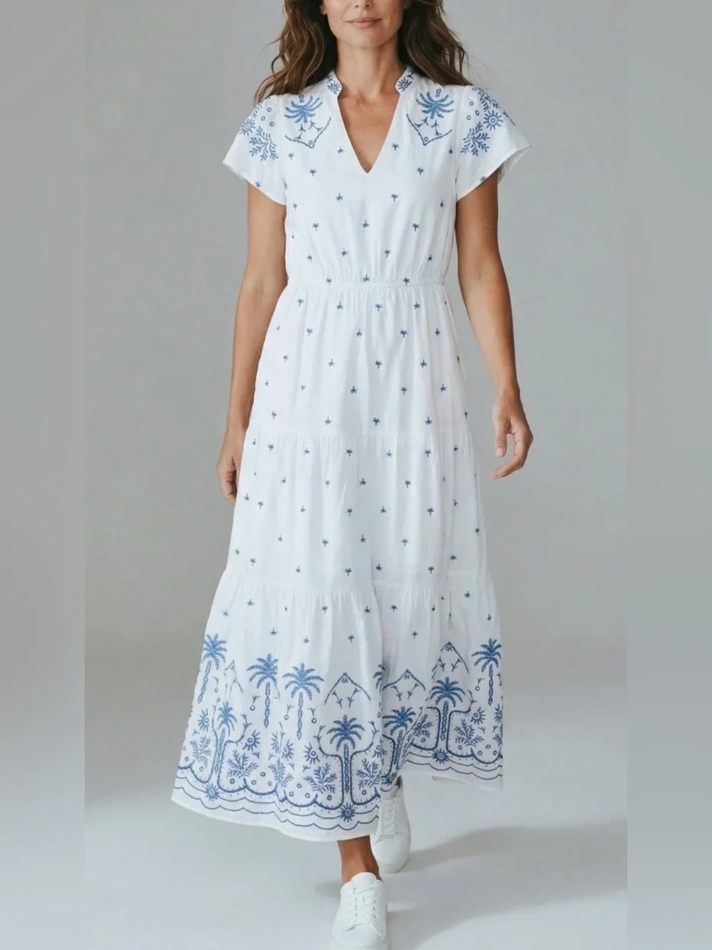 CALYPSO ST BARTH  BLUE AND WHITE EMBROIDERY V-NECK MAXI DRESS M NWT - Picture 3 of 15